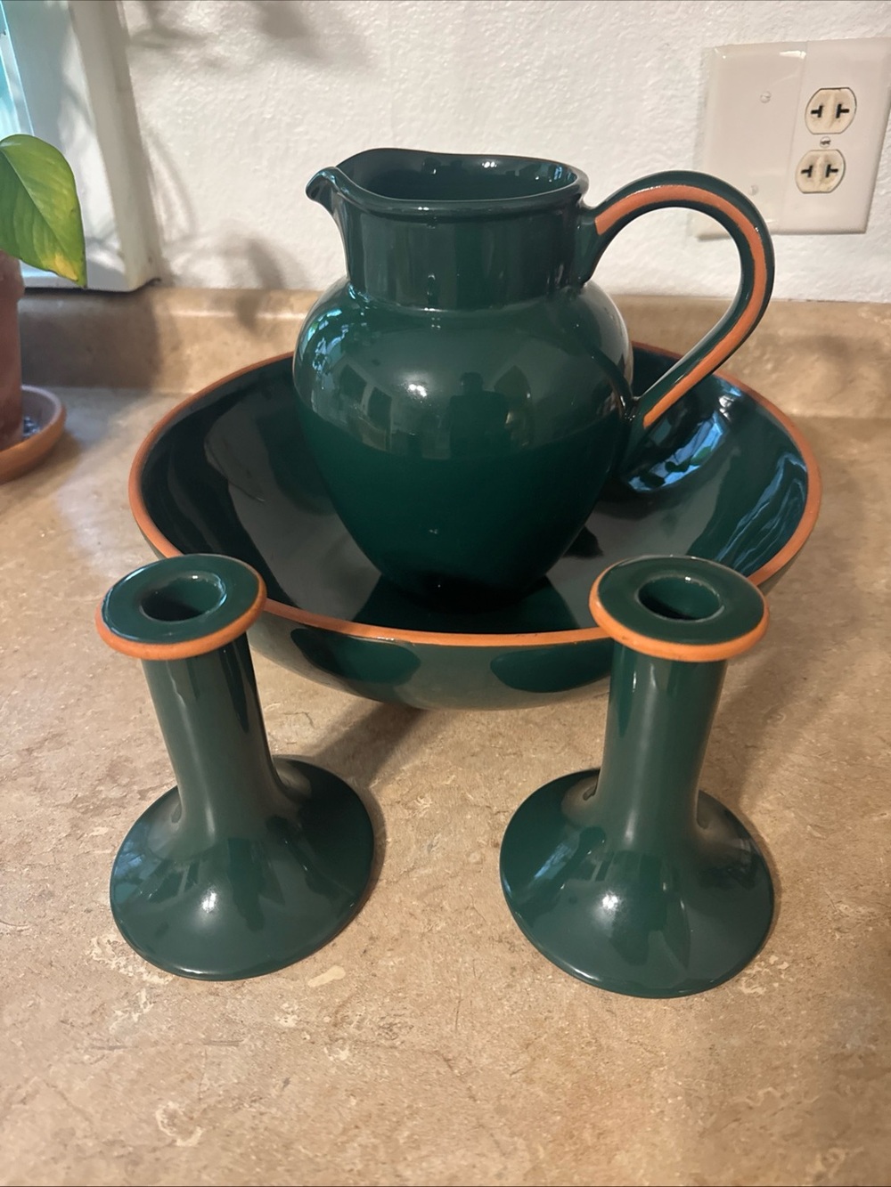 vintage Dansk deep green glazed terra cotta wash basin set Made In Portugal Nice